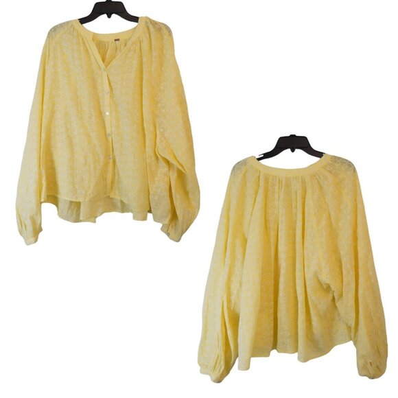 Free People, Butter Yellow, Down From the Clouds, Eyelet Long Sleeve Button Top - Picture 3 of 7